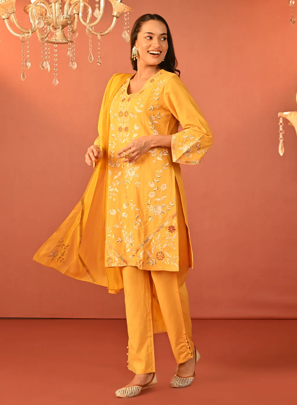 Areeba Chrome Yellow Embroidered Cotton Linen Designer Kurta Set for Women