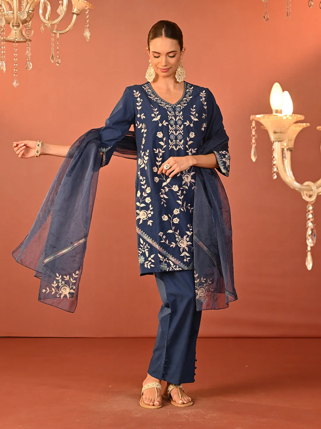 Areeba Indigo Embroidered Cotton Linen Designer Kurta Set for Women