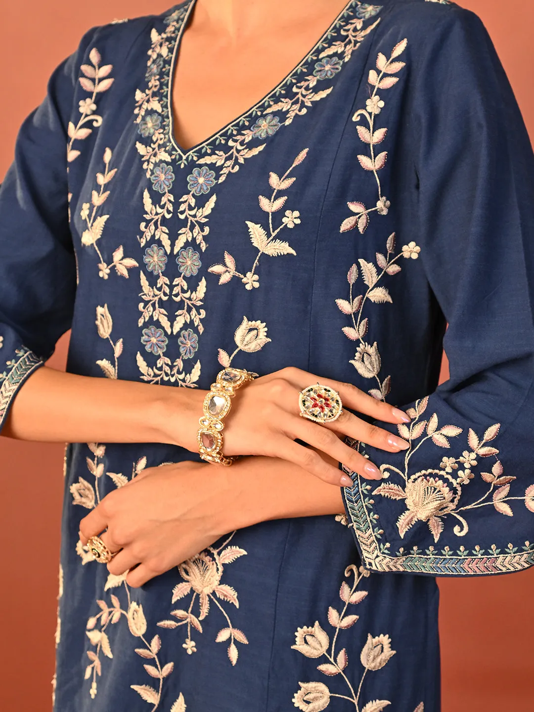 Areeba Indigo Embroidered Cotton Linen Designer Kurta Set for Women