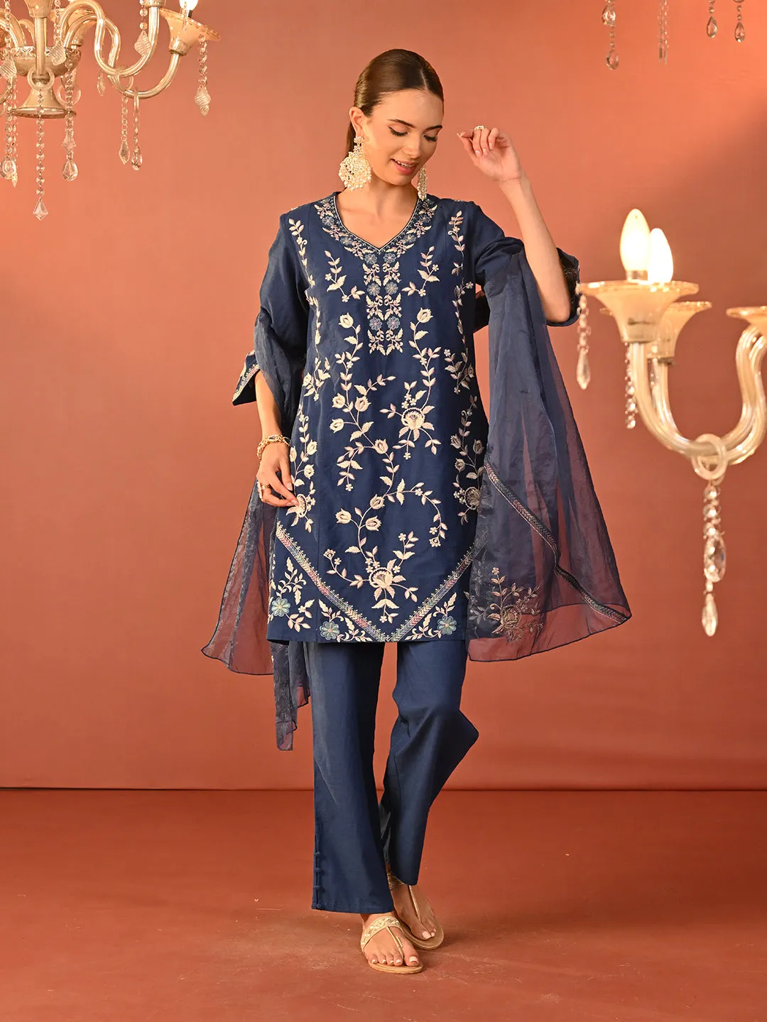 Areeba Indigo Embroidered Cotton Linen Designer Kurta Set for Women