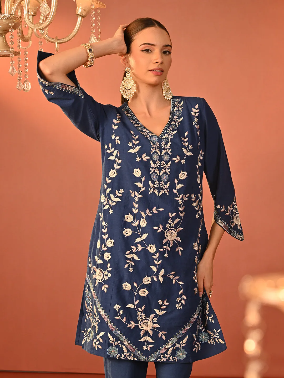 Areeba Indigo Embroidered Cotton Linen Designer Kurta Set for Women