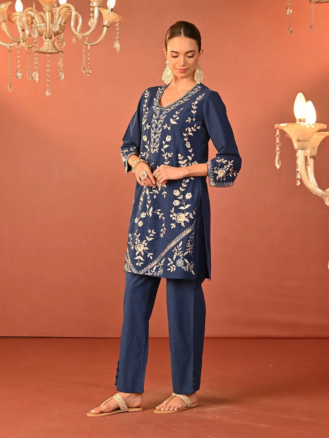 Areeba Indigo Embroidered Cotton Linen Designer Kurta Set for Women