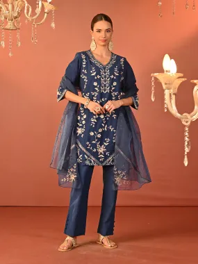 Areeba Indigo Embroidered Cotton Linen Designer Kurta Set for Women