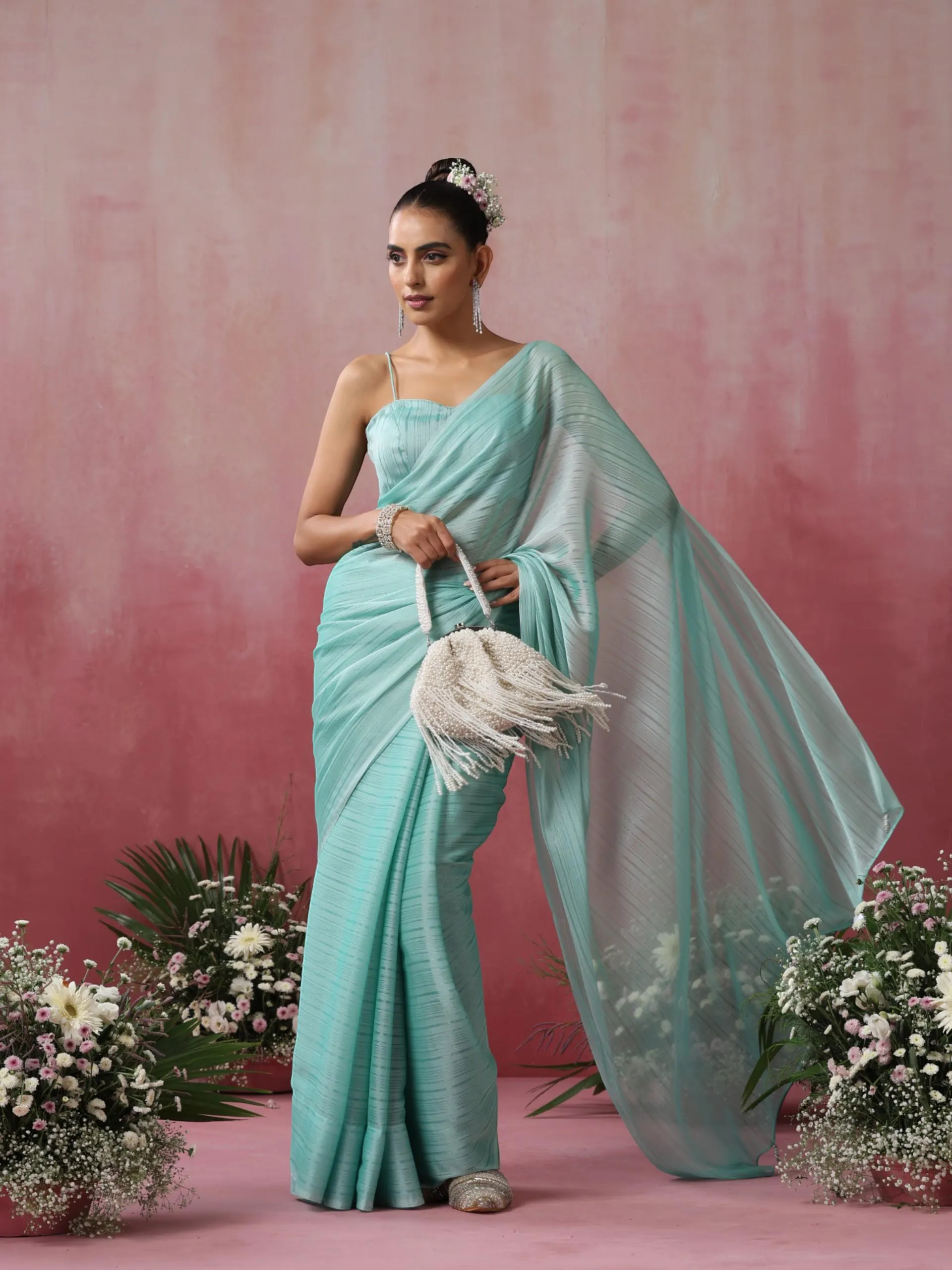 Baby Blue Striped Chiffon Saree with Pendants and Blouse Fabric