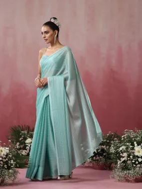 Baby Blue Striped Chiffon Saree with Pendants and Blouse Fabric