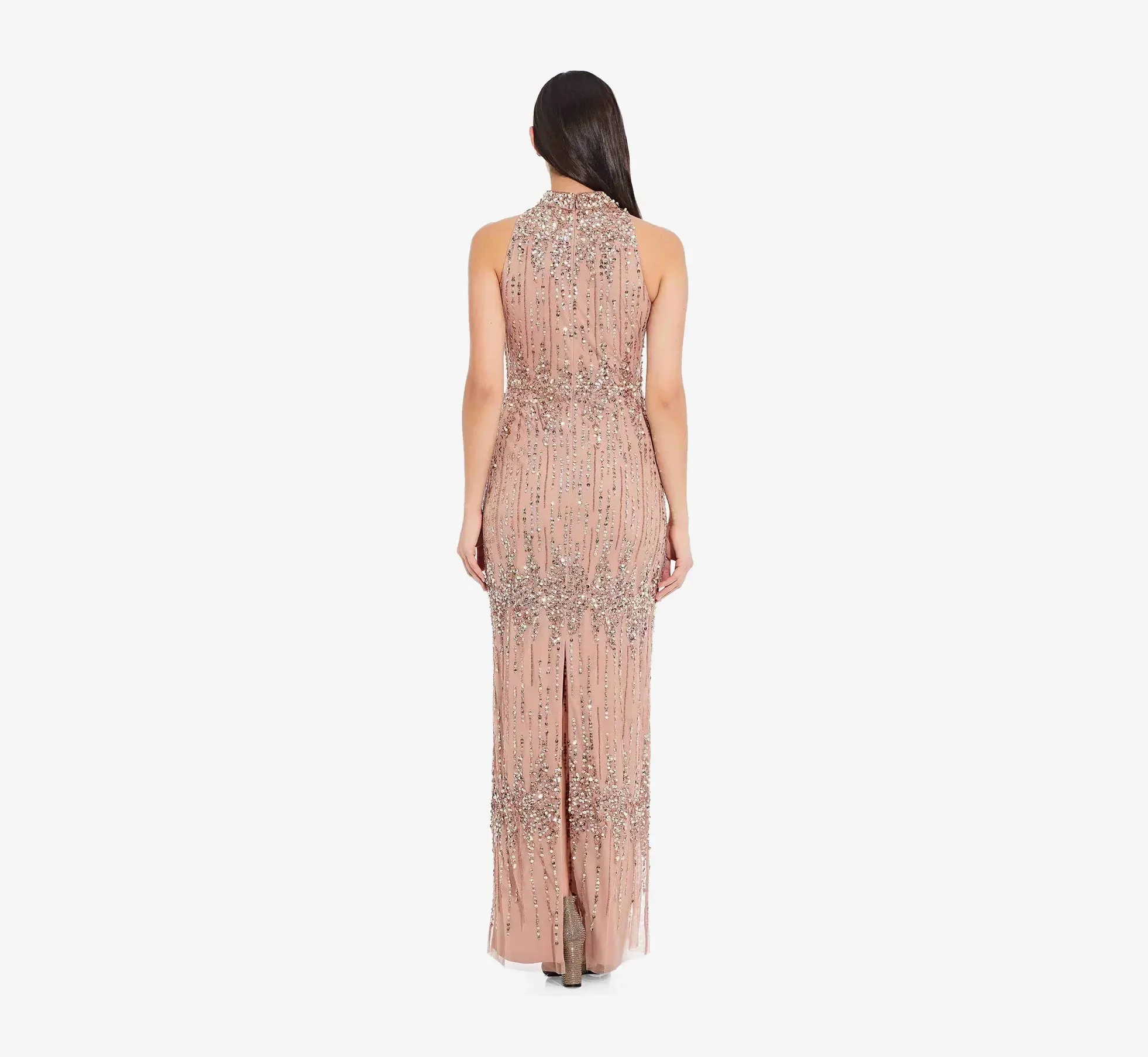 Beaded Column Gown with Graceful Mock Neckline in Rose Gold