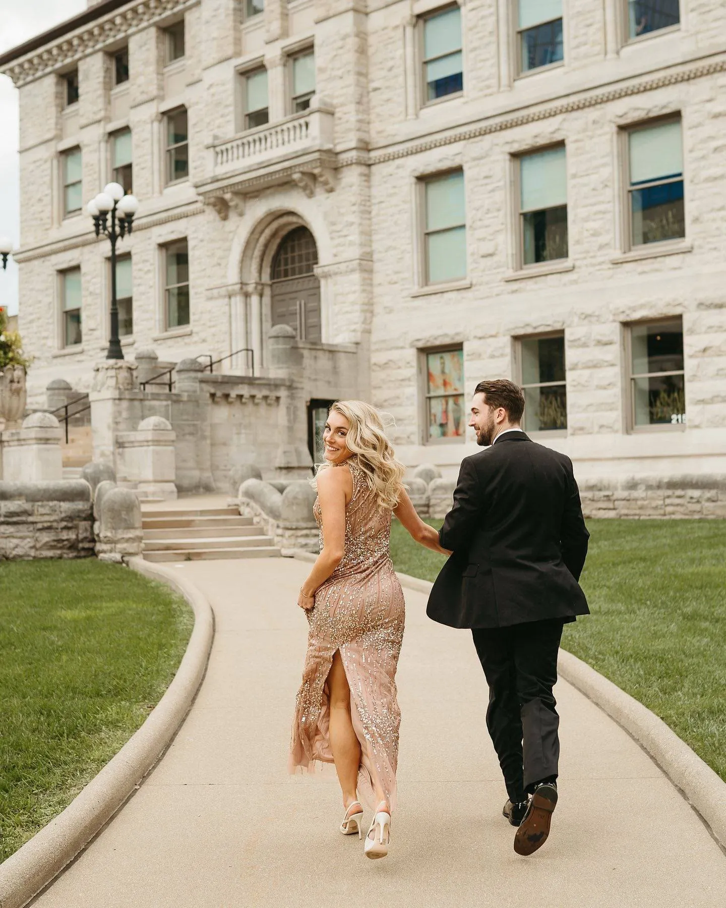 Beaded Column Gown with Graceful Mock Neckline in Rose Gold