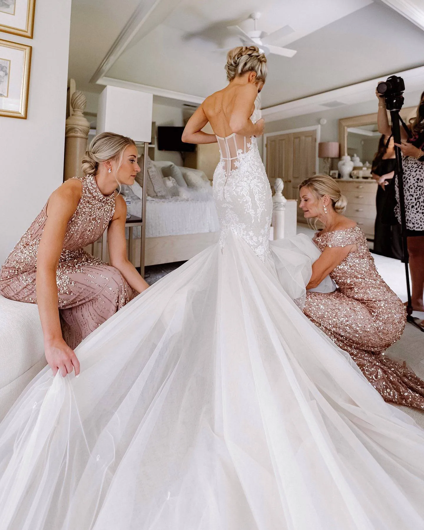 Beaded Column Gown with Graceful Mock Neckline in Rose Gold