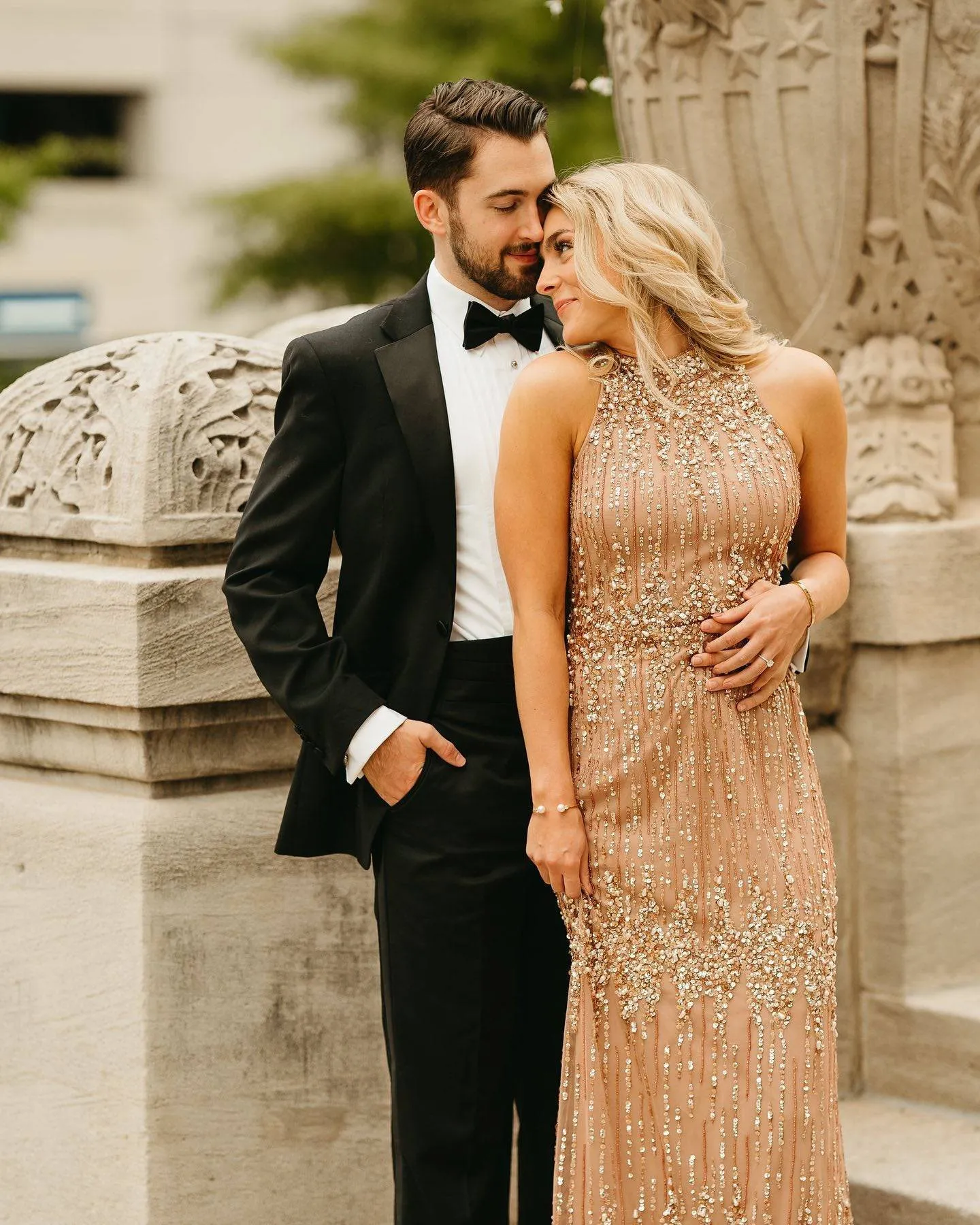 Beaded Column Gown with Graceful Mock Neckline in Rose Gold