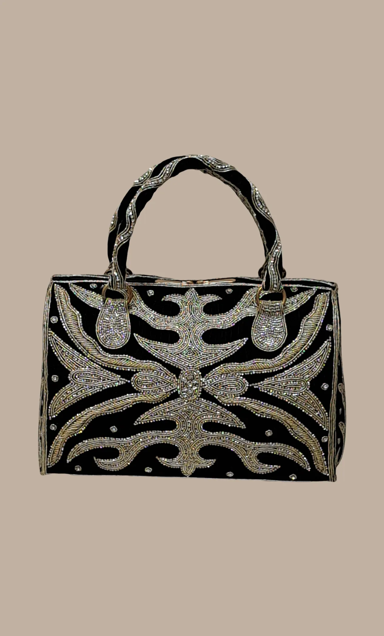 Black Stonework Embroidered Handbag