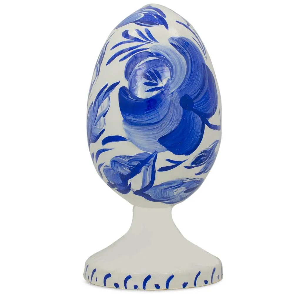 Blue Flower Wooden Easter Egg Figurine