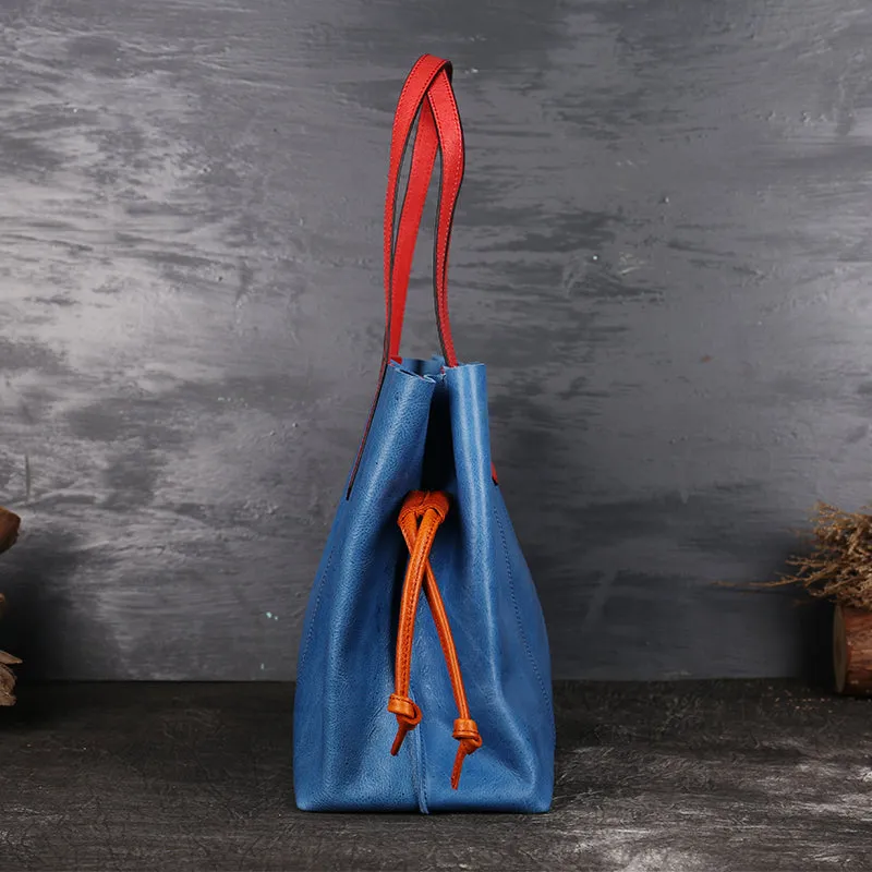 Blue Womens Genuine Leather Tote Handbags Purses Shouder Bags for Women