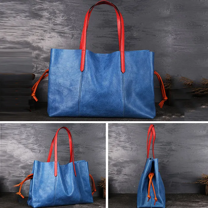 Blue Womens Genuine Leather Tote Handbags Purses Shouder Bags for Women