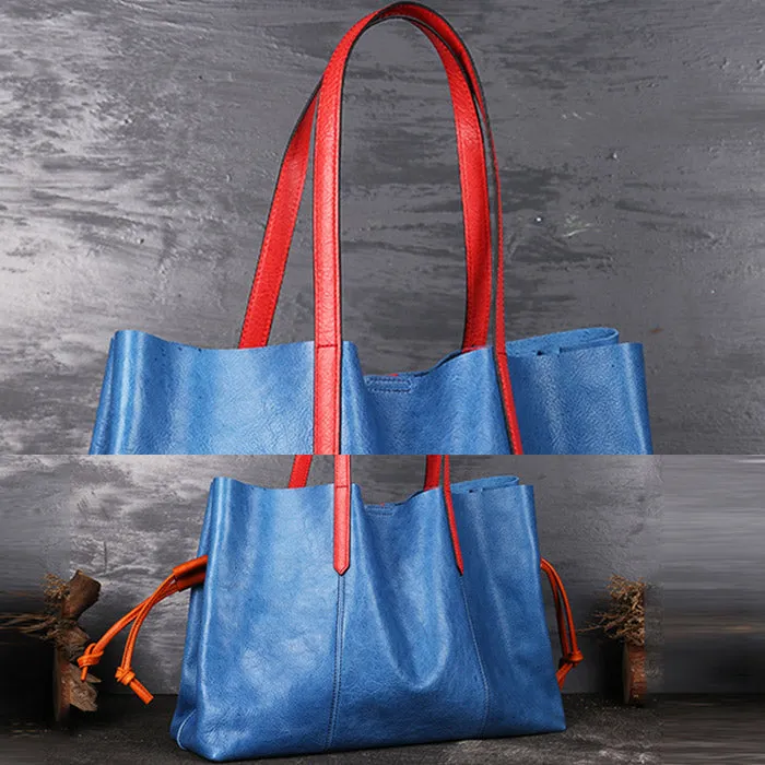 Blue Womens Genuine Leather Tote Handbags Purses Shouder Bags for Women