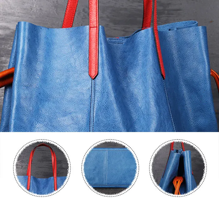 Blue Womens Genuine Leather Tote Handbags Purses Shouder Bags for Women