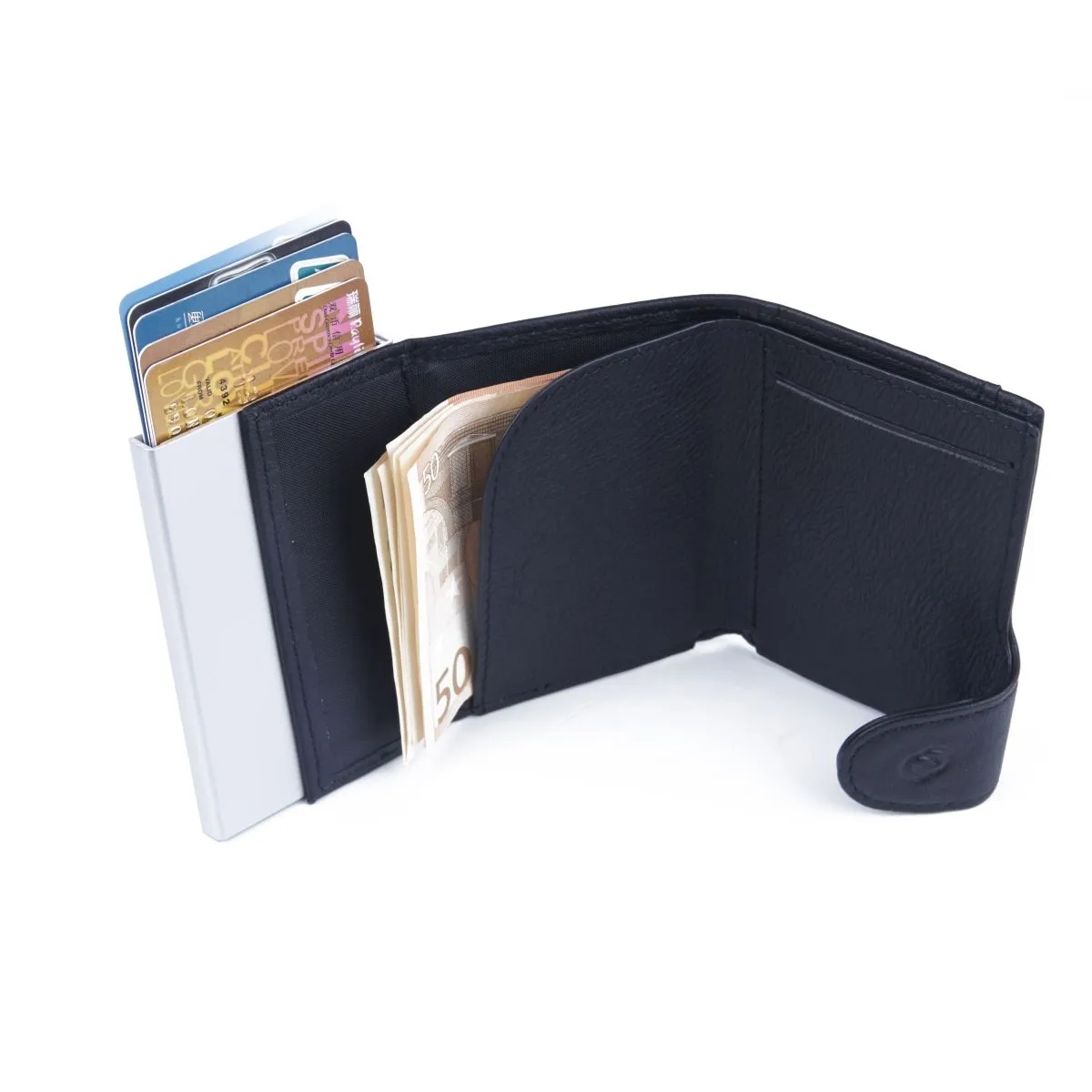 C-Secure Aluminum Card Holder with Genuine Leather and Coin Pouch - Blackwood