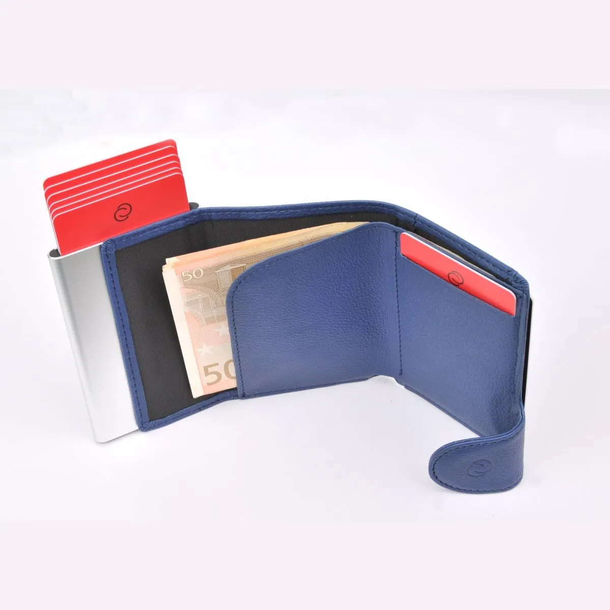 C-Secure Aluminum Card Holder with PU Leather - Blue