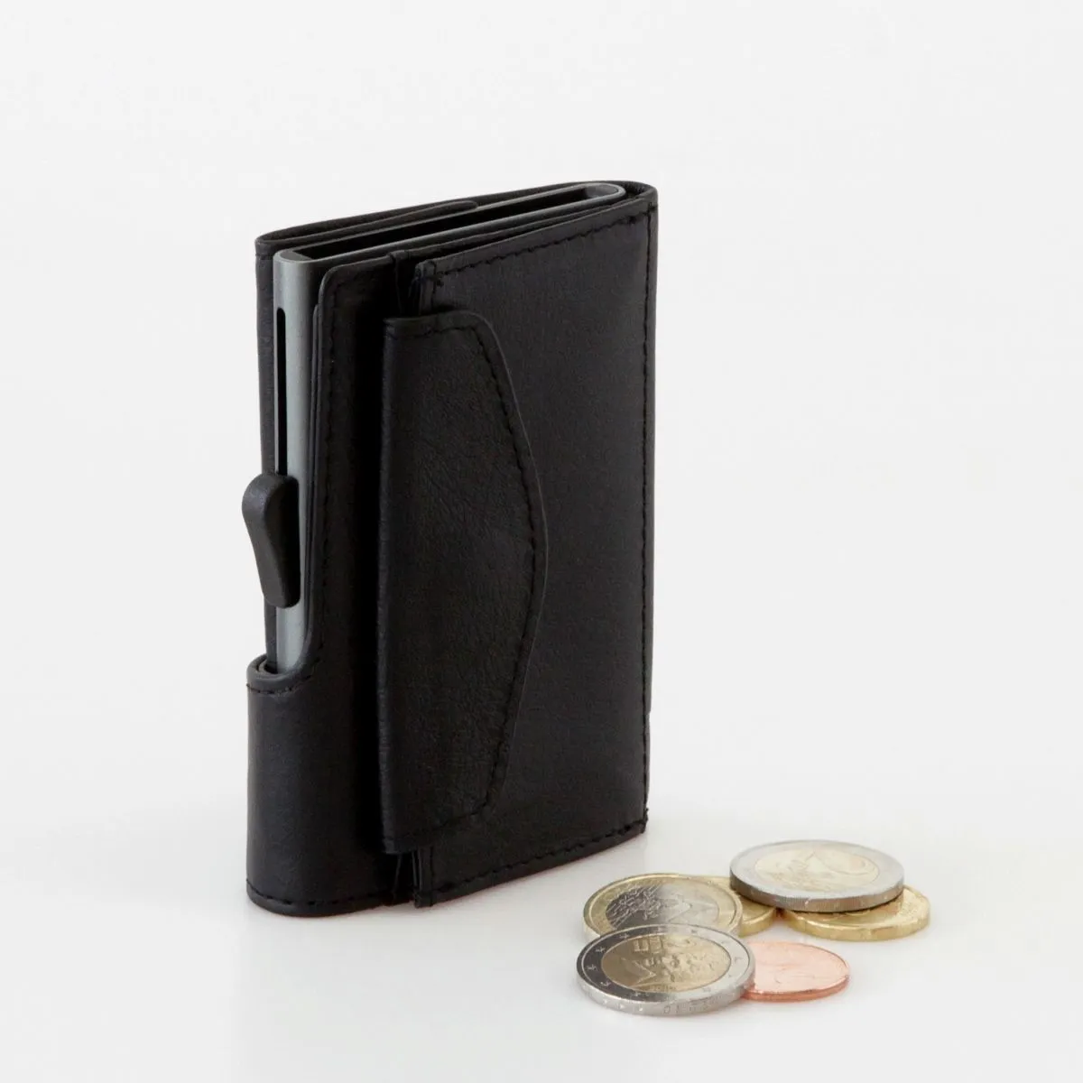 C-Secure Aluminum Card Holder with PU Leather with Coin Pouch - Black