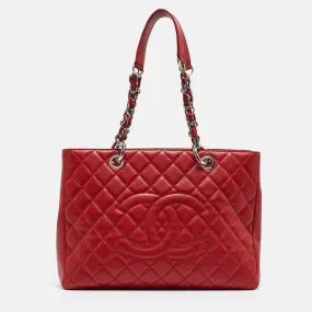 CHANEL Red Quilted Caviar Leather Grand Shopper Tote