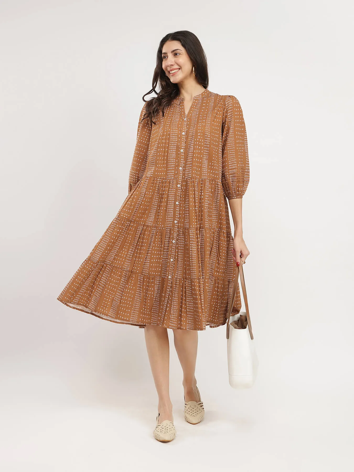 Cotton Geometric Print Tiered Dress - Tan