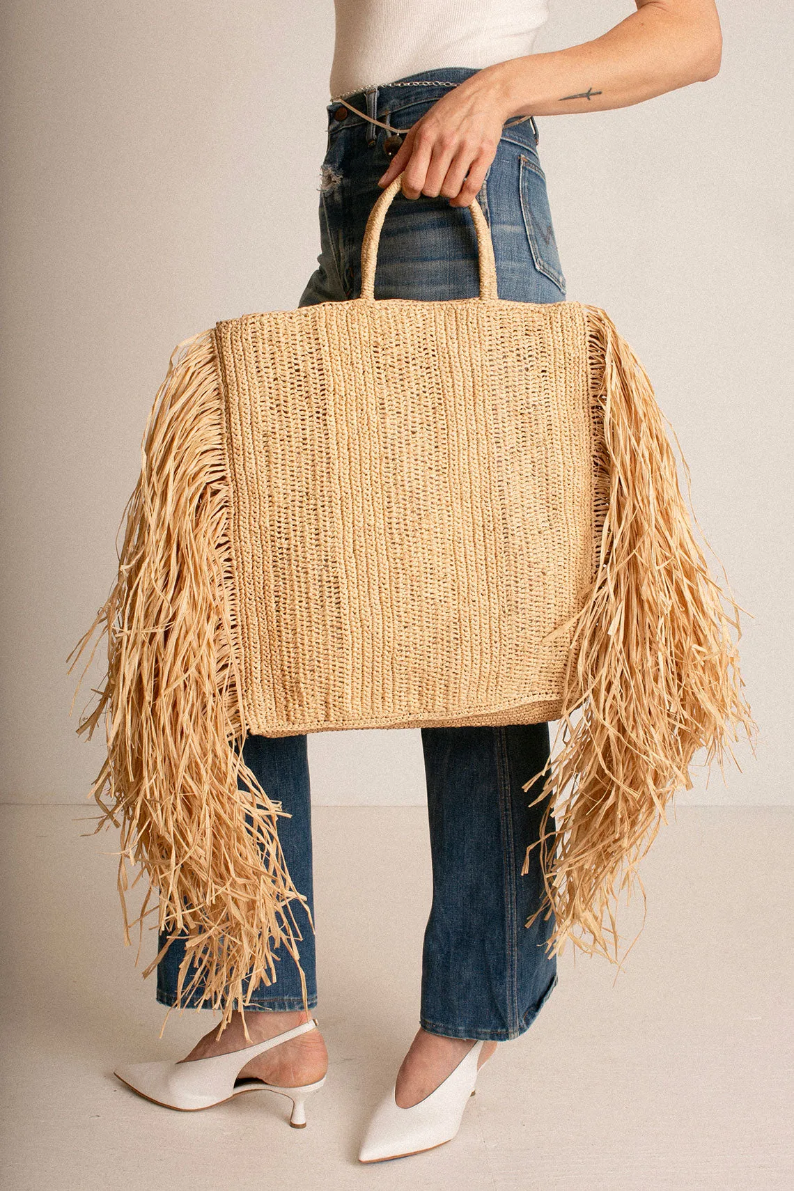 Draped Fringe Square Tote