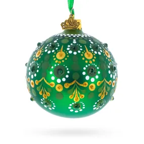 Emerald Green with Golden Accents and Crystals Glass Ball Christmas Ornament 3.25 Inches