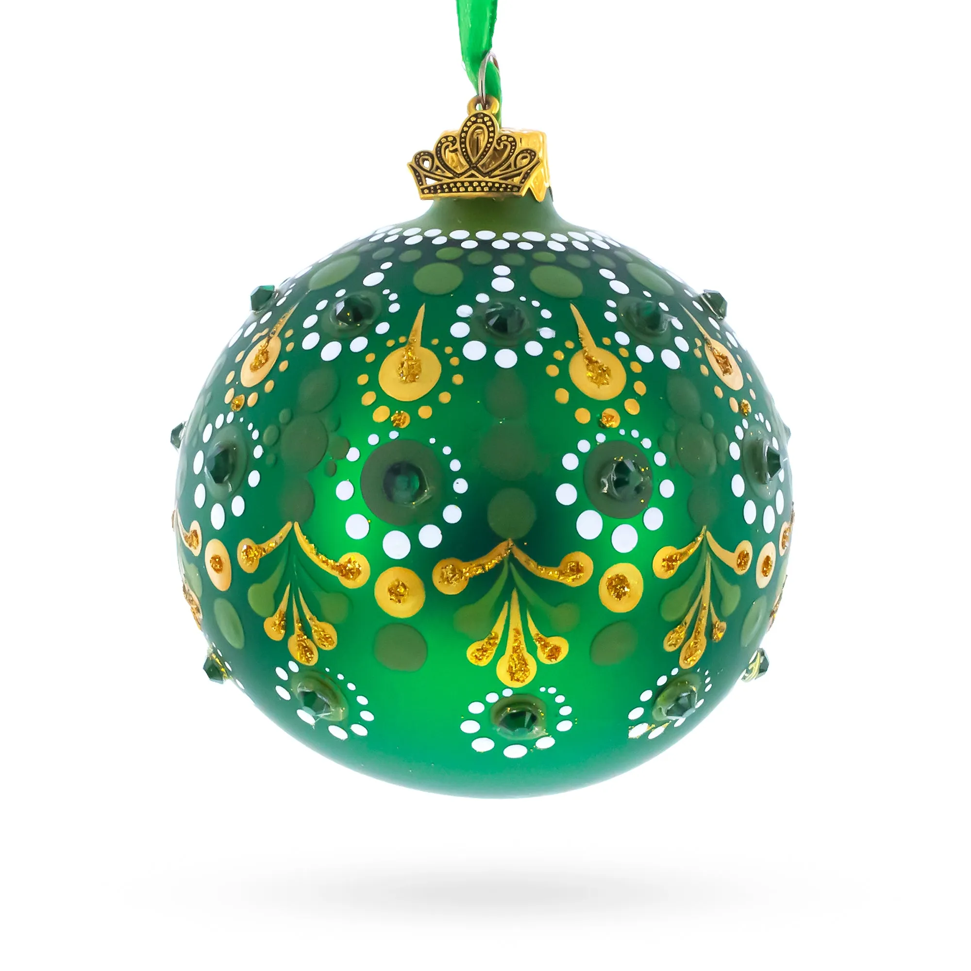 Emerald Green with Golden Accents and Crystals Glass Ball Christmas Ornament 3.25 Inches