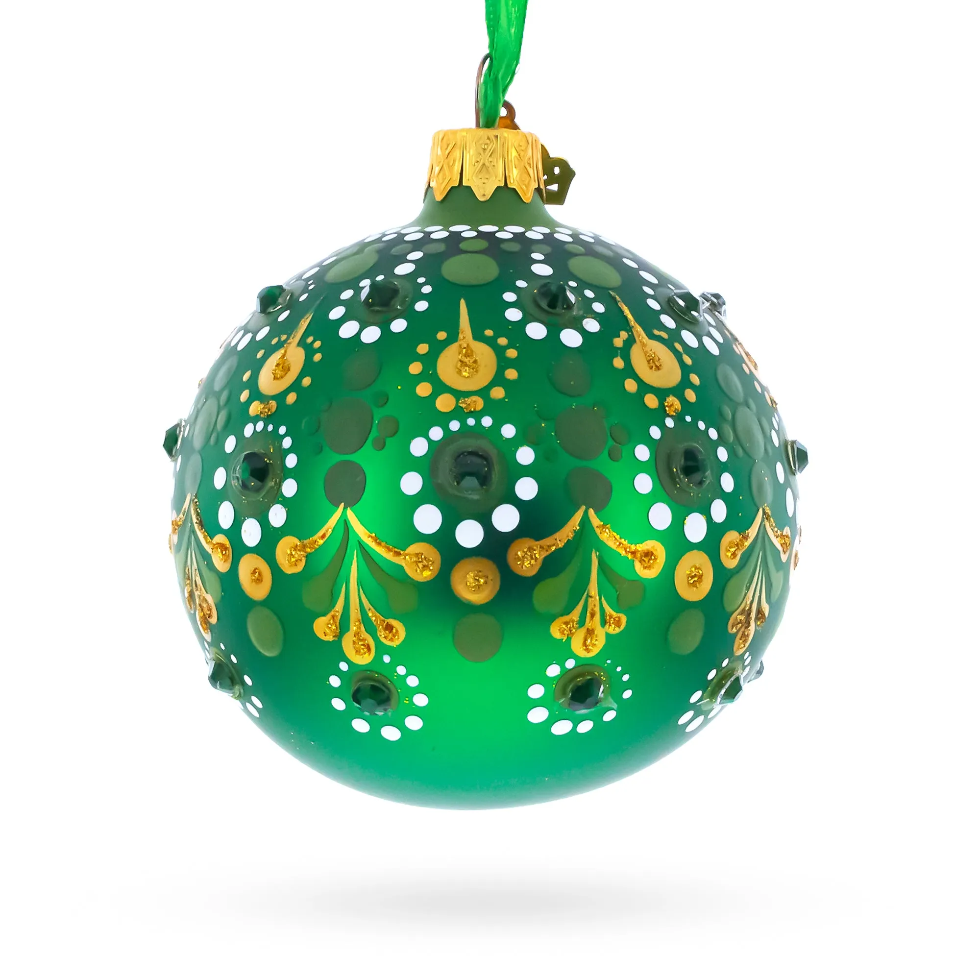 Emerald Green with Golden Accents and Crystals Glass Ball Christmas Ornament 3.25 Inches