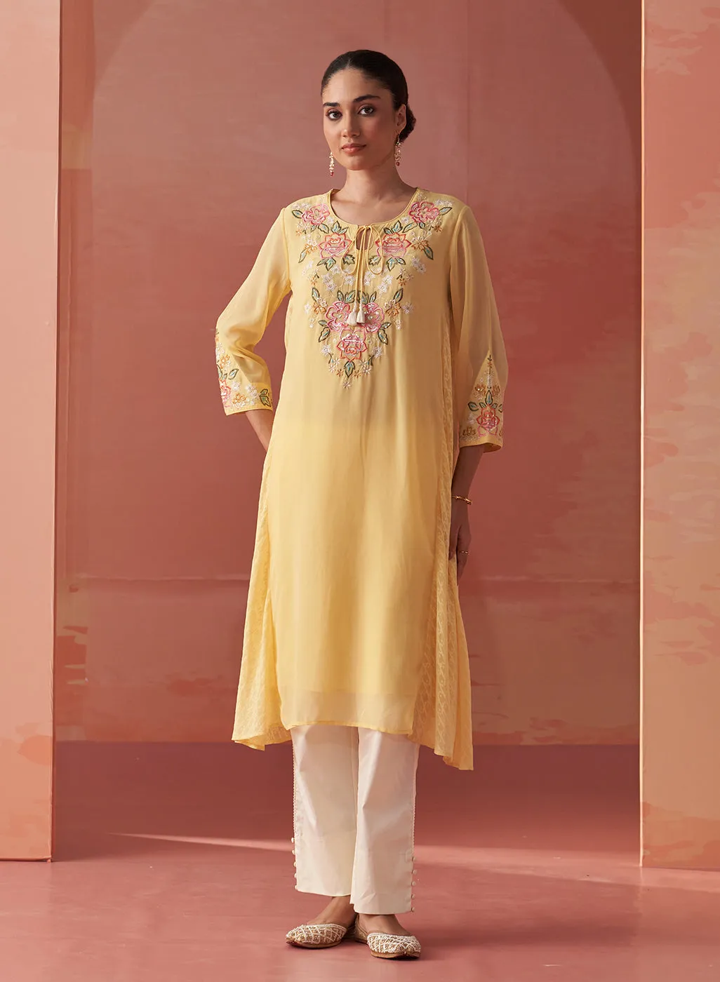 Firdaus Lemon Embroidered Georgette Designer Long Kurta for Women