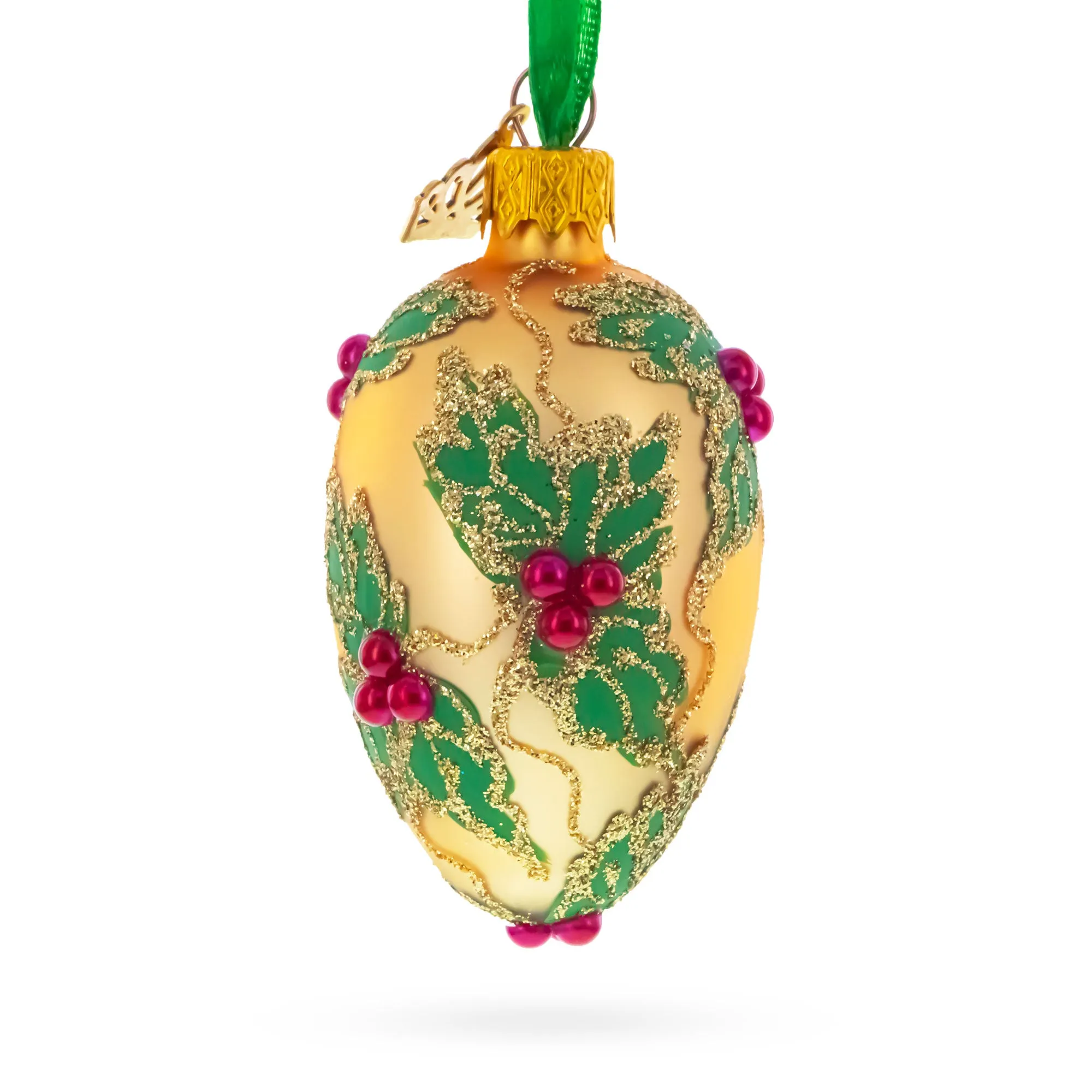 Golden with Holly Leaf and Red Berry Accents Mini Glass Egg Ornament 2.9 Inches