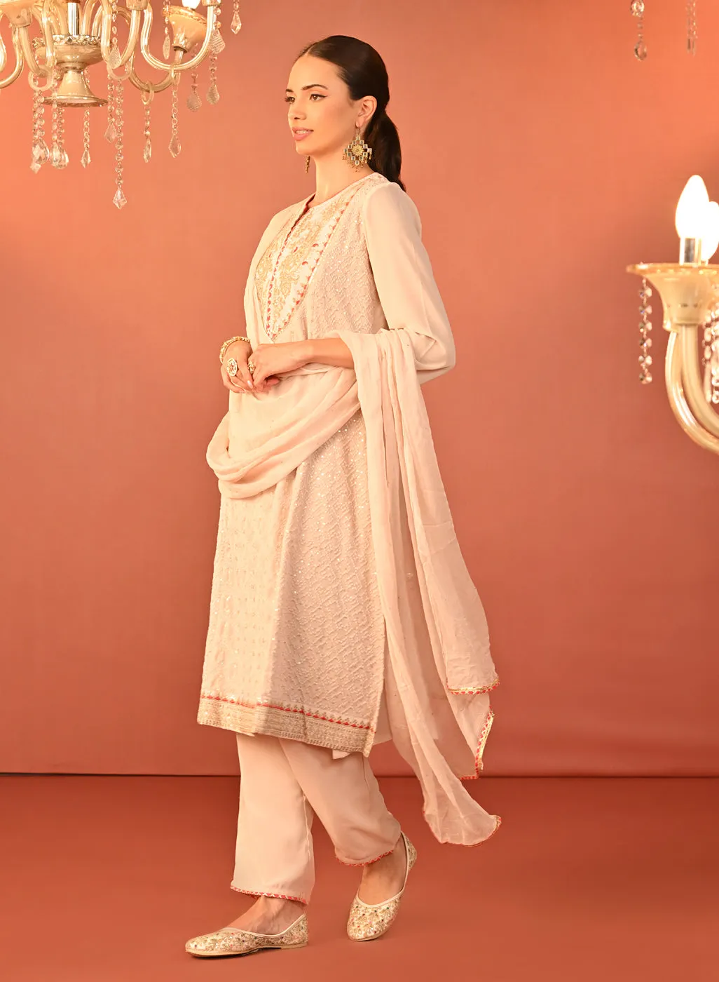 Jasleen Baby Pink Georgette Jacquard Embroidered Kurta Set for Women