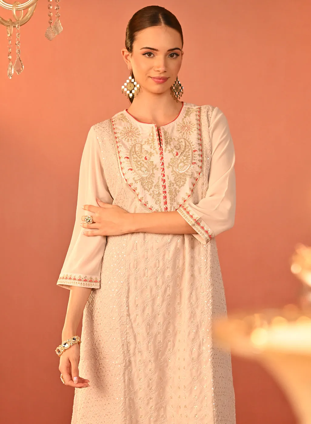 Jasleen Baby Pink Georgette Jacquard Embroidered Kurta Set for Women