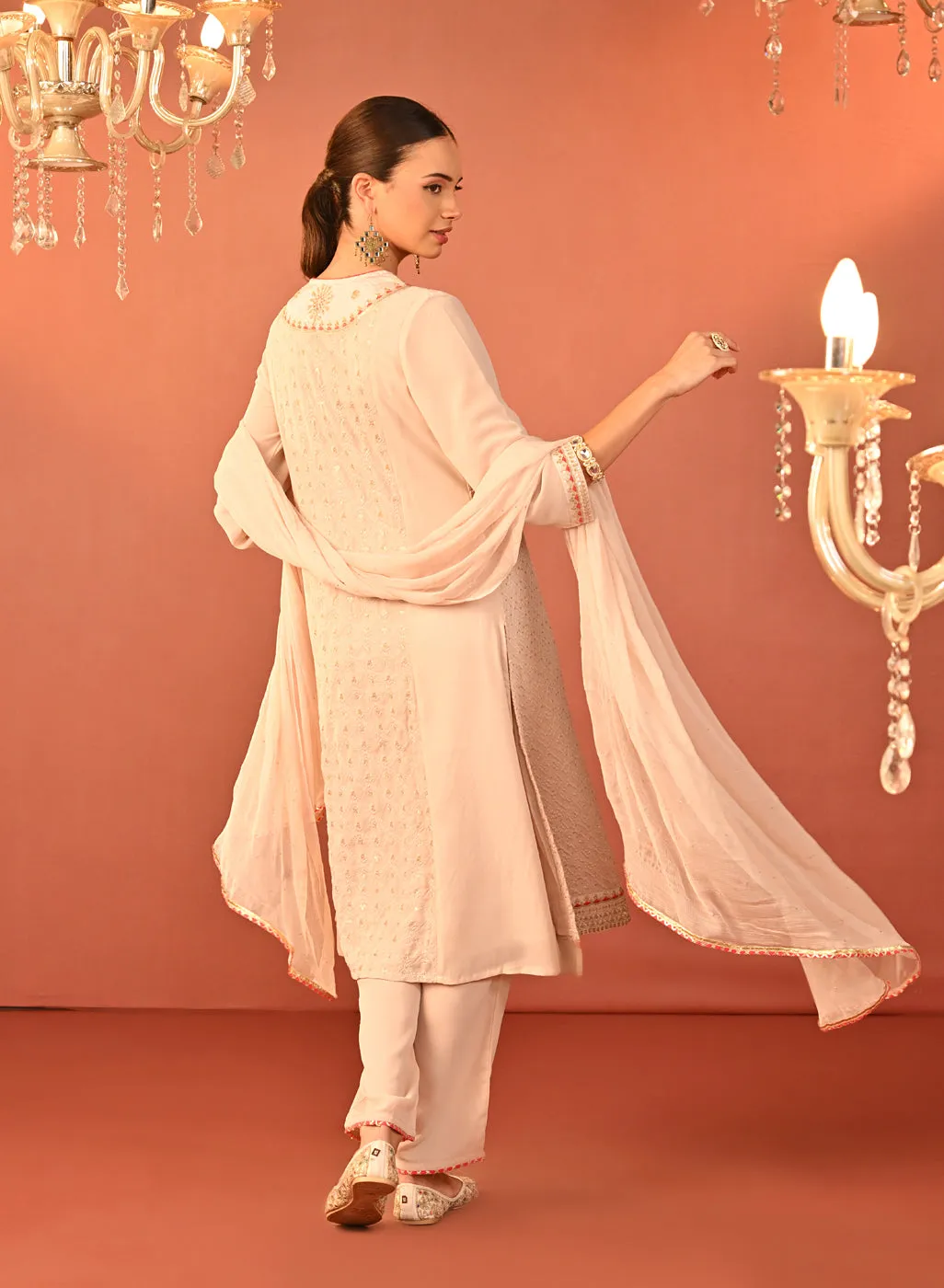 Jasleen Baby Pink Georgette Jacquard Embroidered Kurta Set for Women