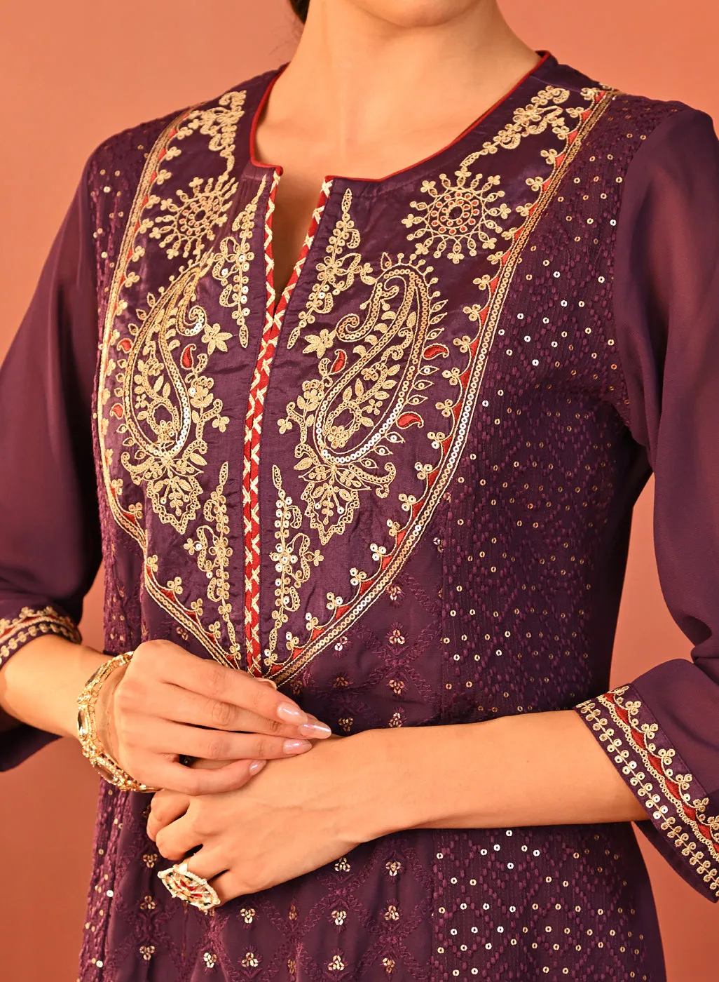 Jasleen Deep Purple Georgette Jacquard Embroidered Kurta Set for Women