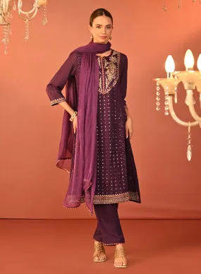 Jasleen Deep Purple Georgette Jacquard Embroidered Kurta Set for Women