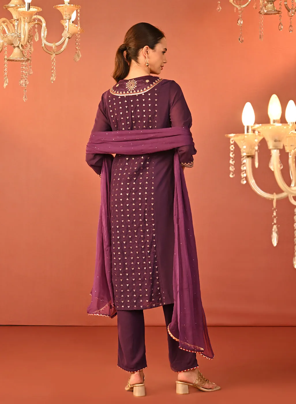 Jasleen Deep Purple Georgette Jacquard Embroidered Kurta Set for Women