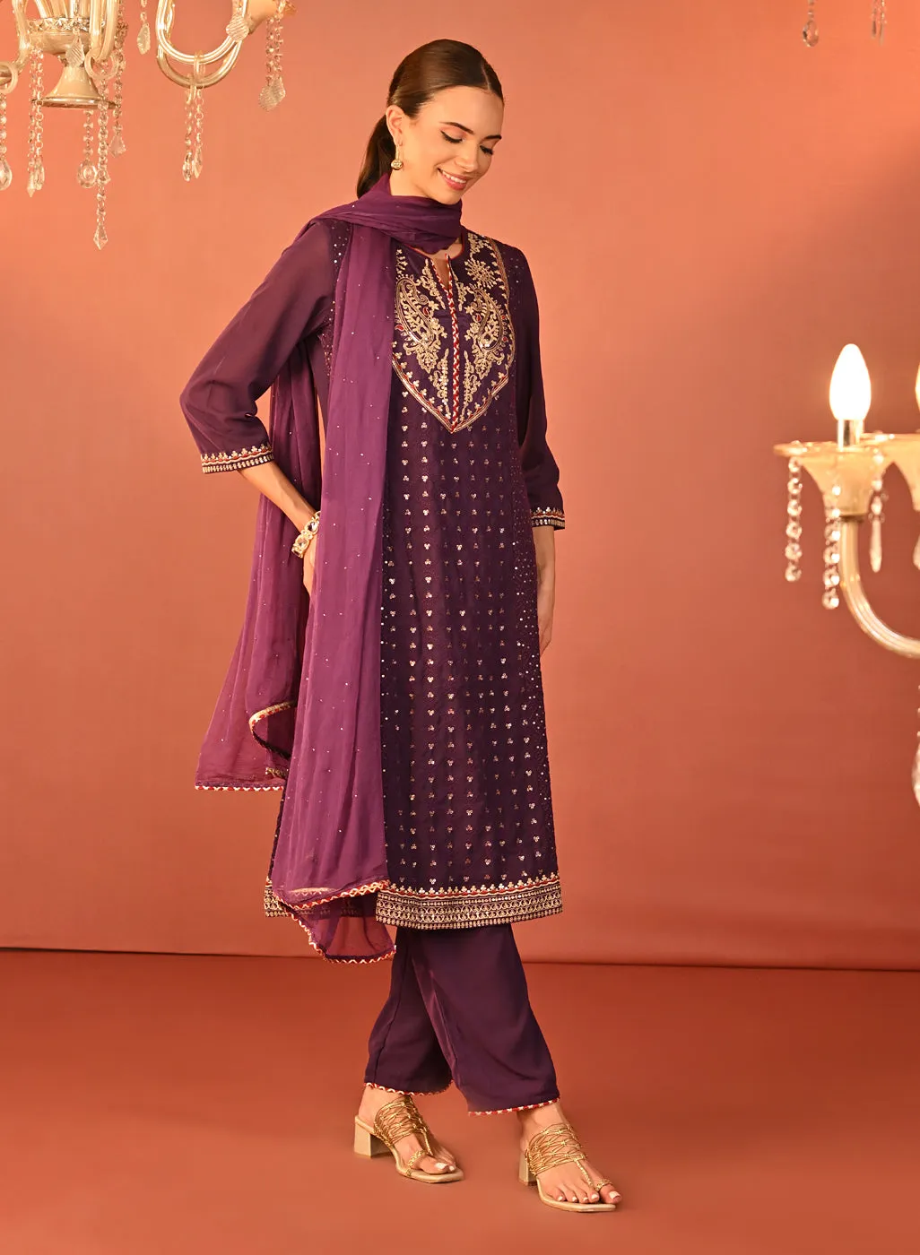 Jasleen Deep Purple Georgette Jacquard Embroidered Kurta Set for Women