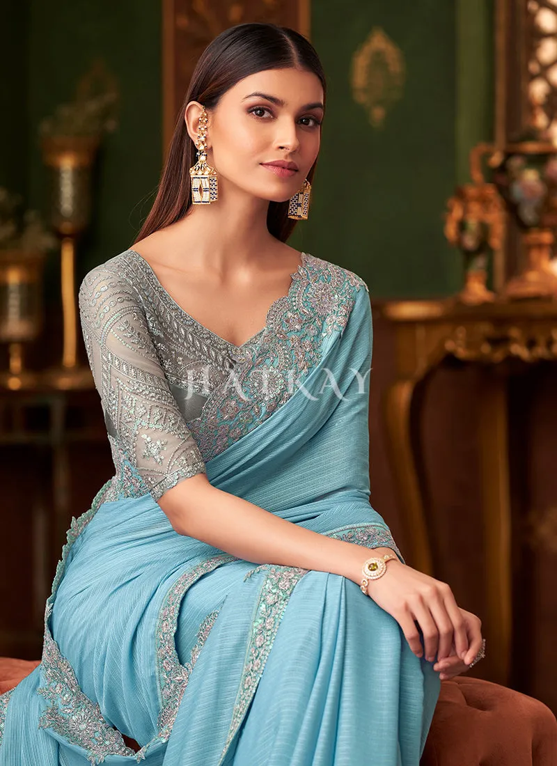 Mist Blue Embroidery Designer Saree