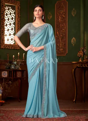 Mist Blue Embroidery Designer Saree