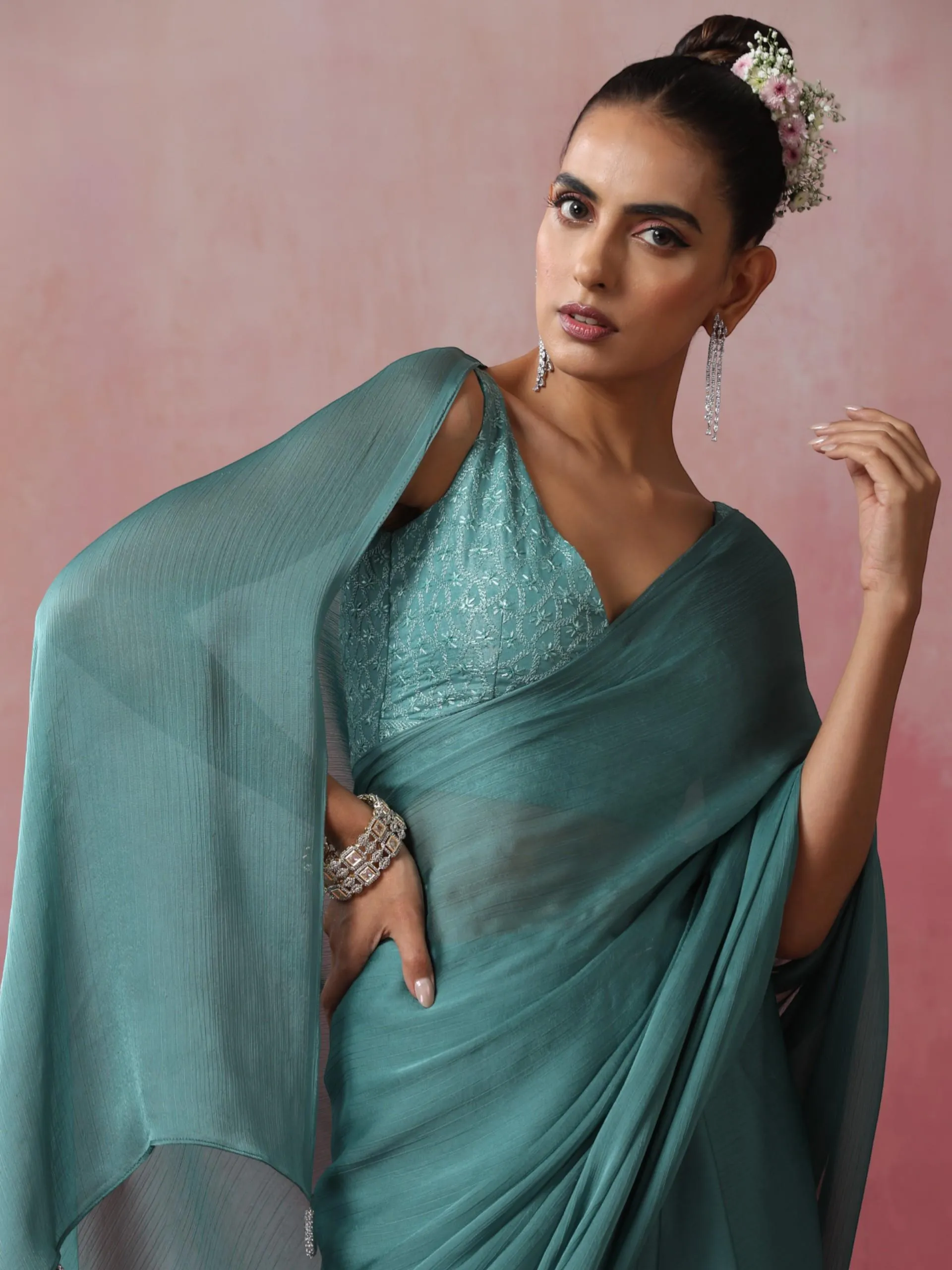 Mud Green Chiffon Saree with Pendants and Embroidered Blouse Fabric