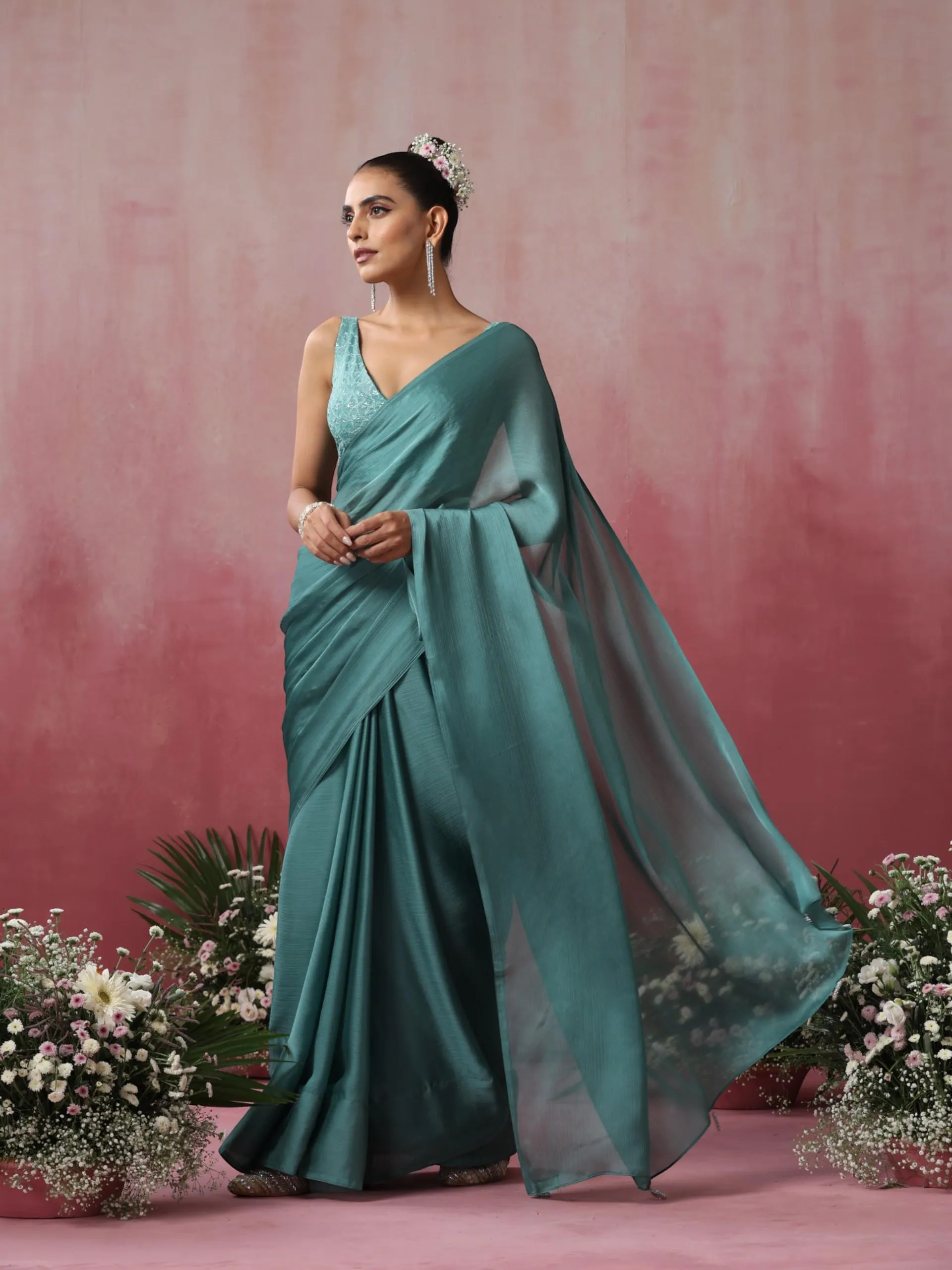 Mud Green Chiffon Saree with Pendants and Embroidered Blouse Fabric