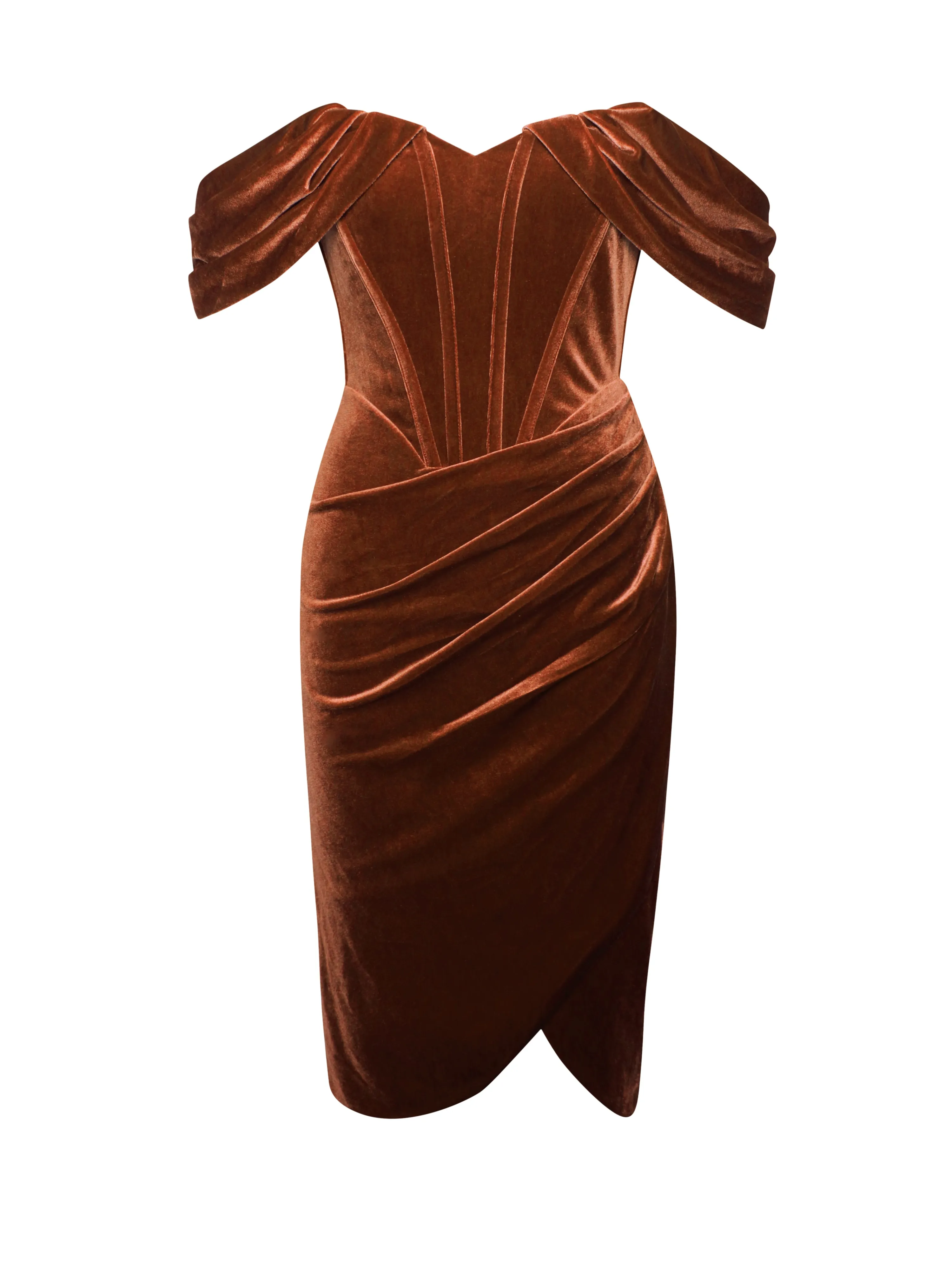 Omaria Burnt Orange Velvet Graceful Off Shoulder Corset Dress