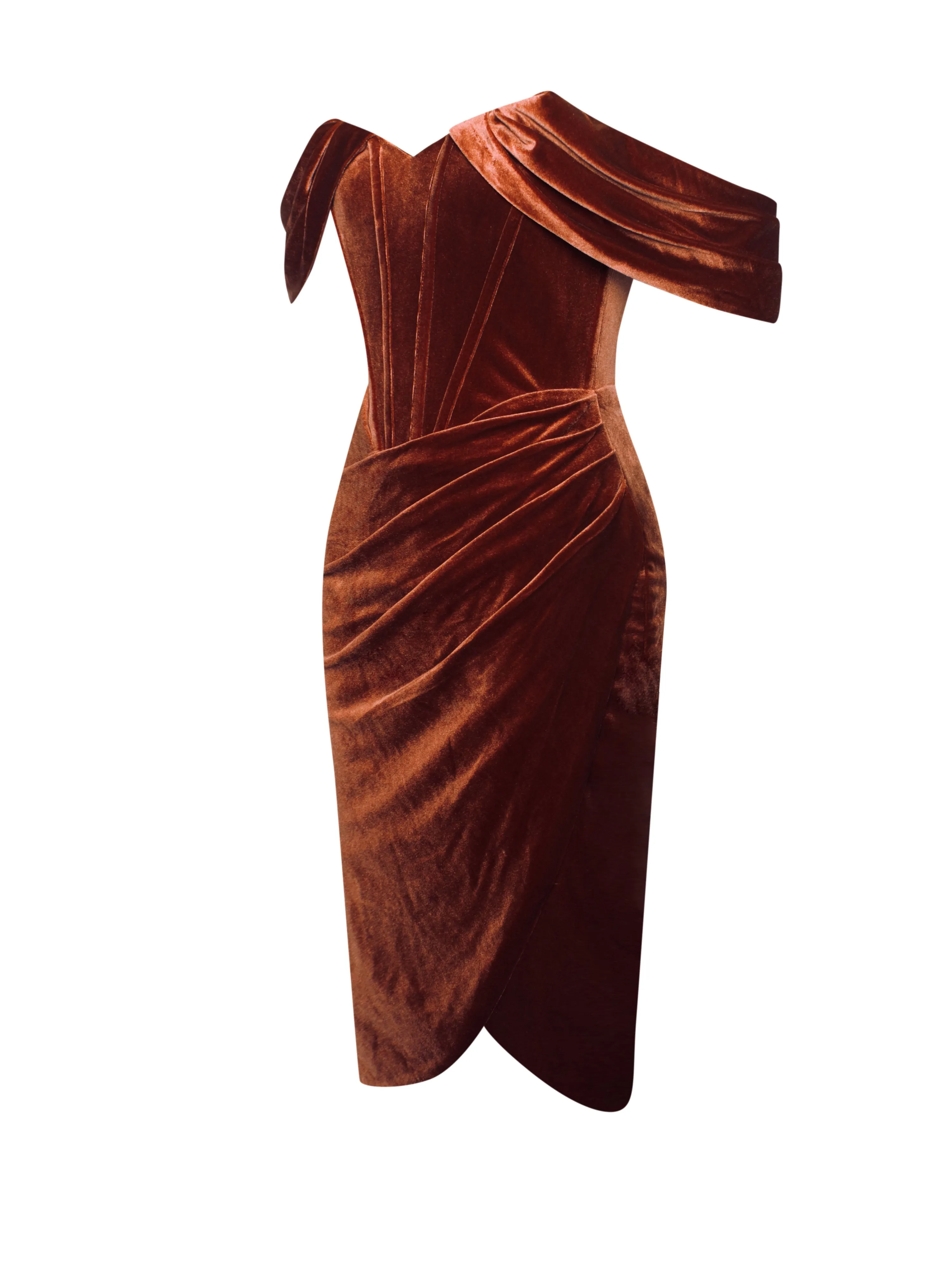 Omaria Burnt Orange Velvet Graceful Off Shoulder Corset Dress