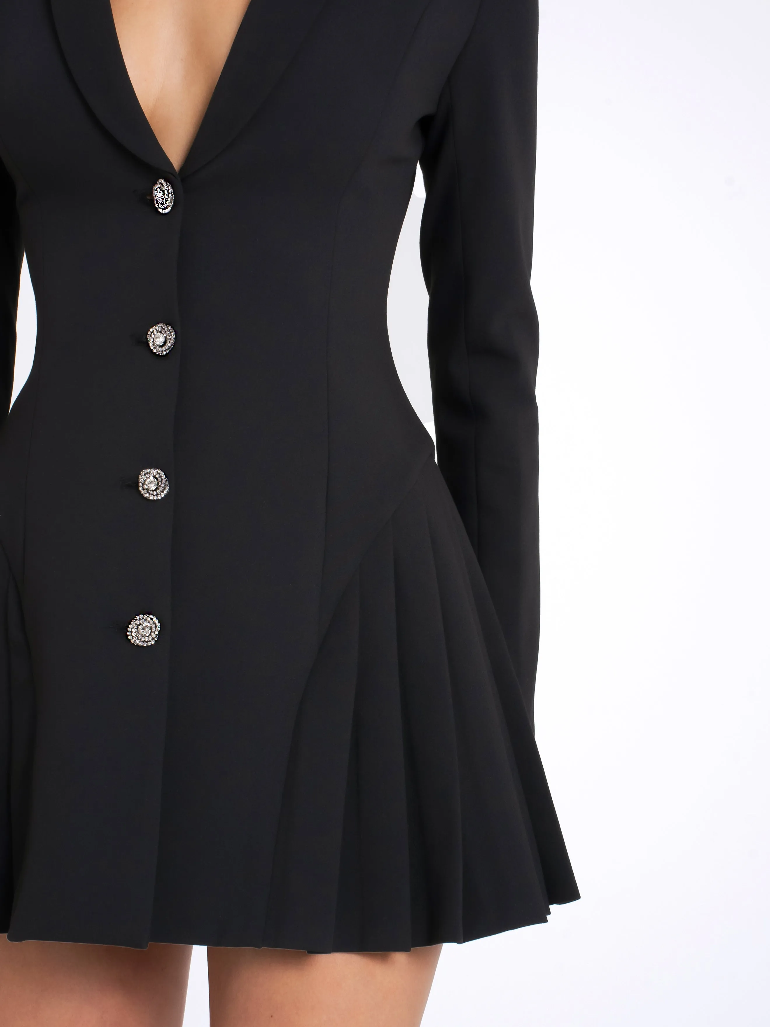 Ria Black Blazer Mini Dress with Crystal Button and Pleated Detail