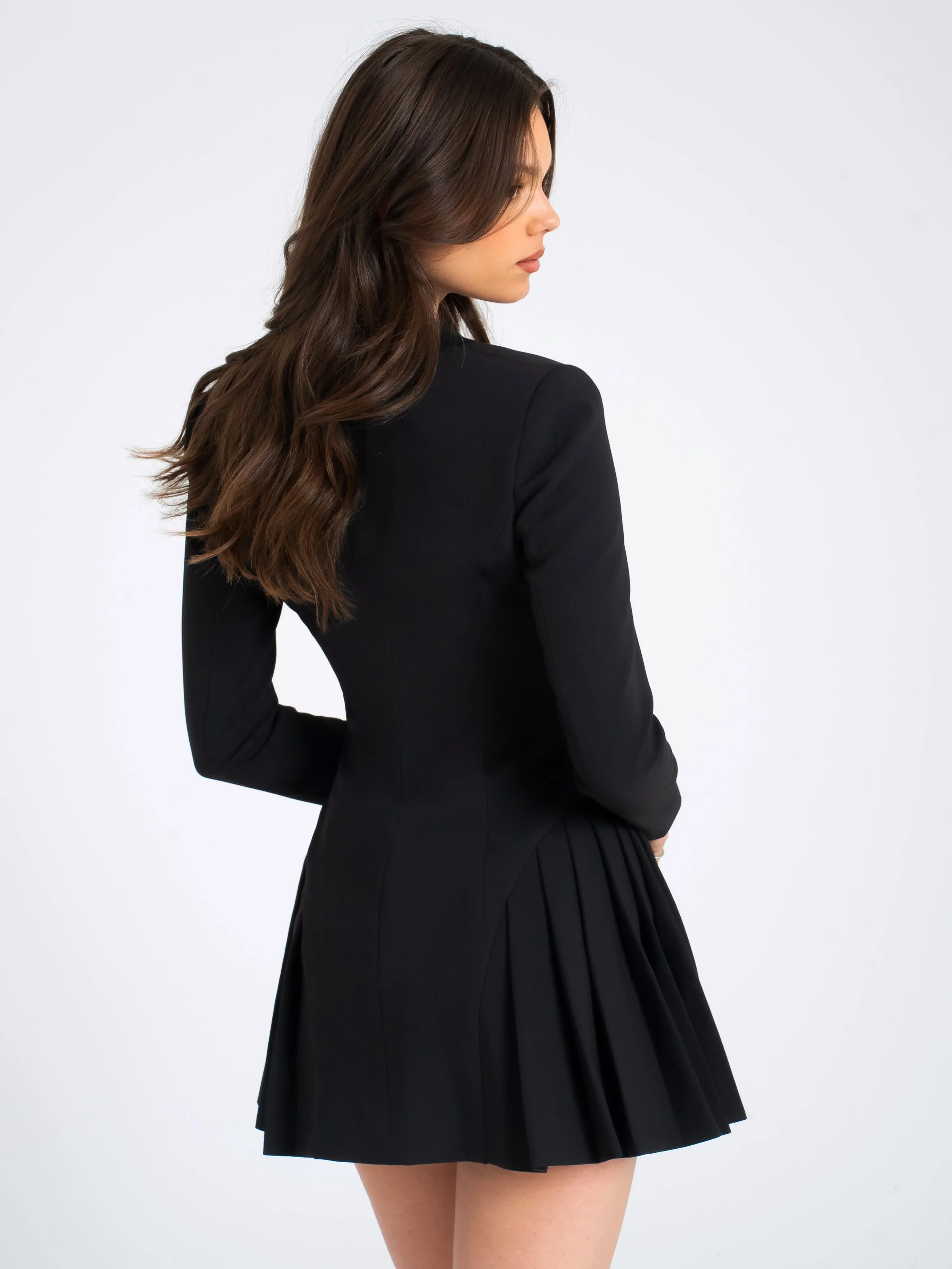 Ria Black Blazer Mini Dress with Crystal Button and Pleated Detail