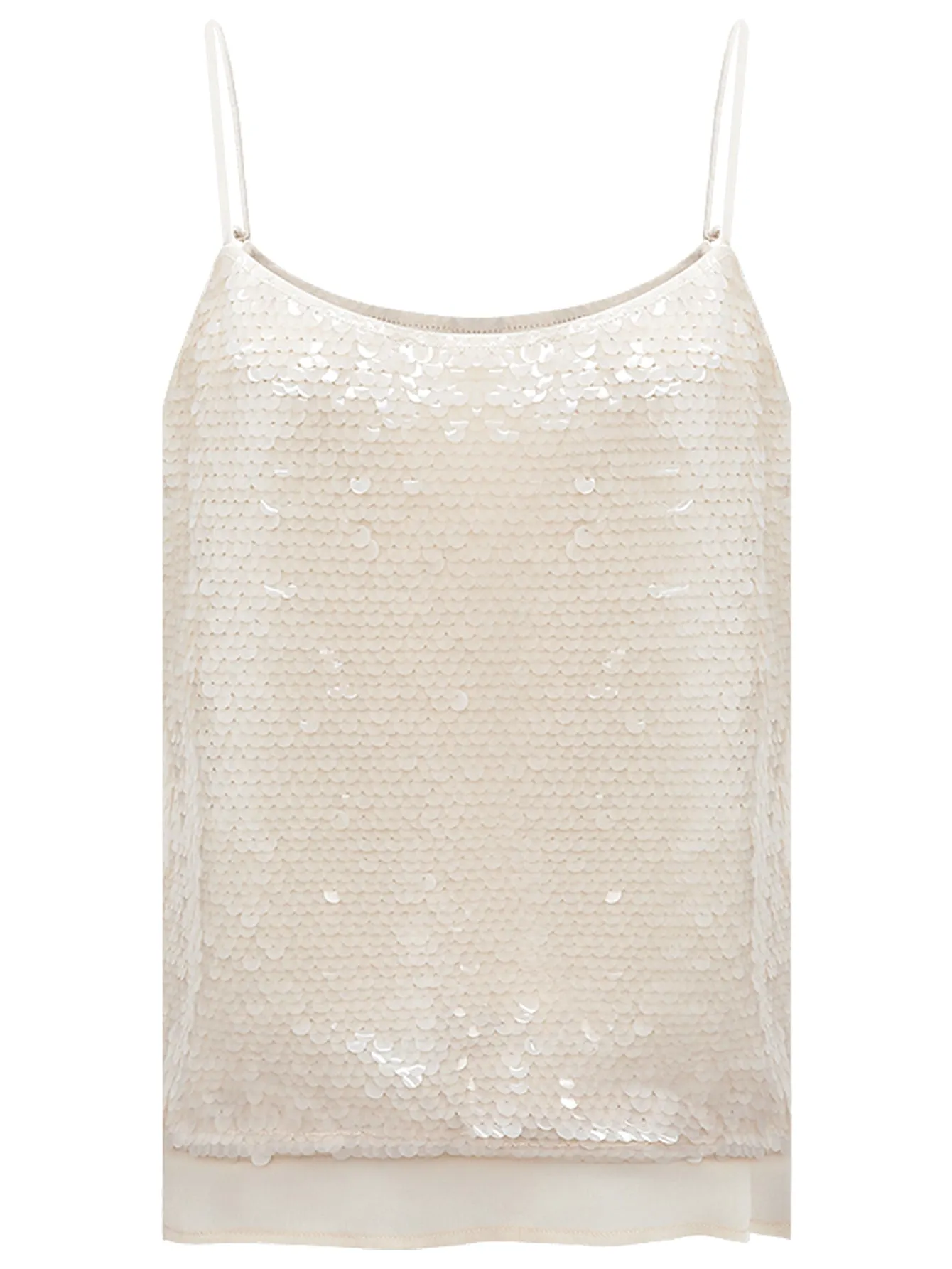 Sequined Embroidered Khaki Ivory Chiffon Tank Top