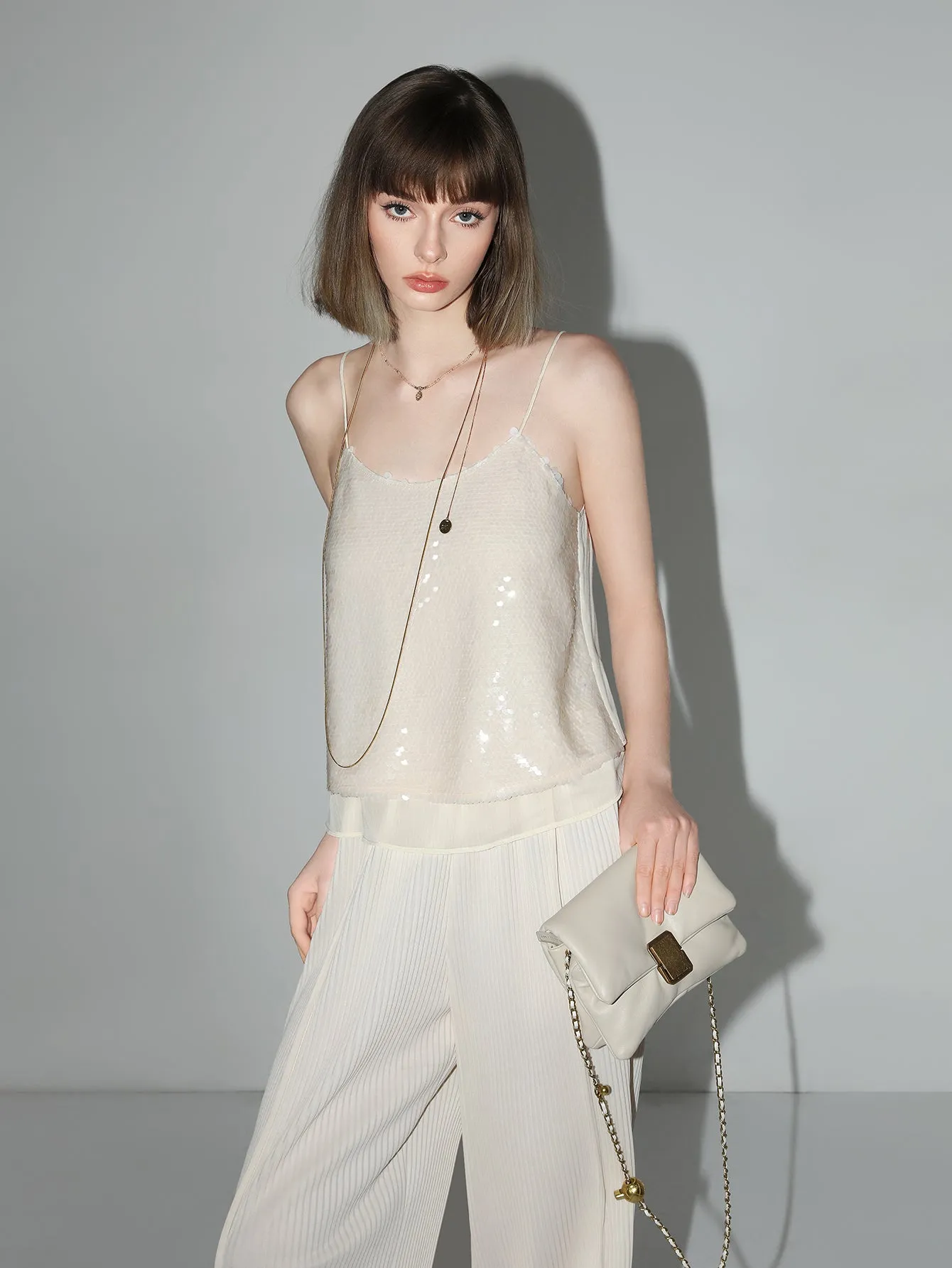 Sequined Embroidered Khaki Ivory Chiffon Tank Top