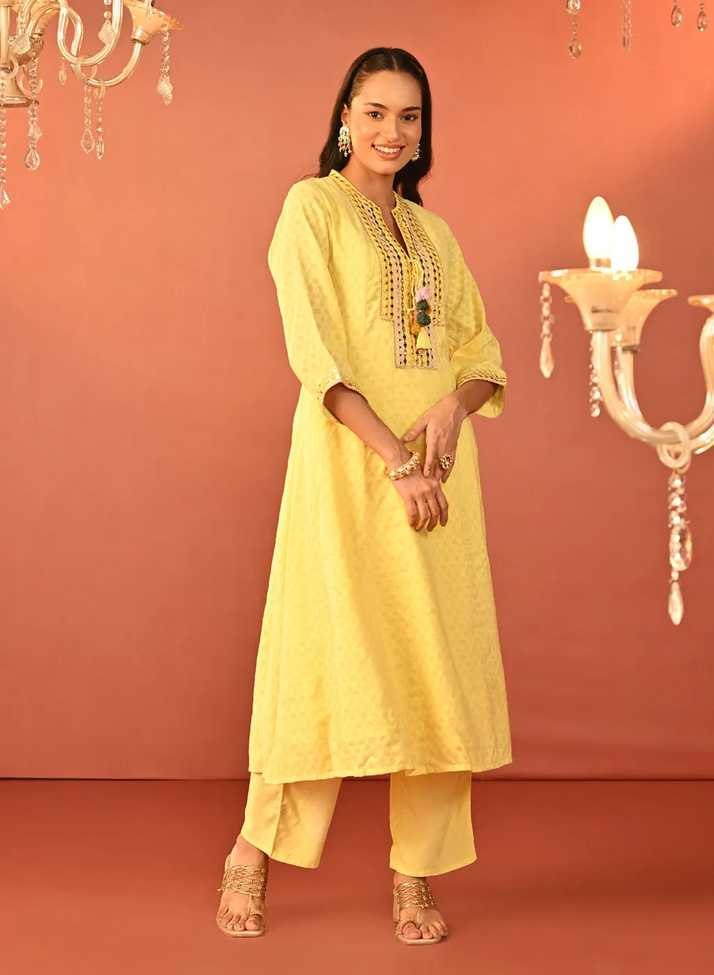 Shanaya Lemon Embroidered Cotton Jacquard Kurta Set for Women