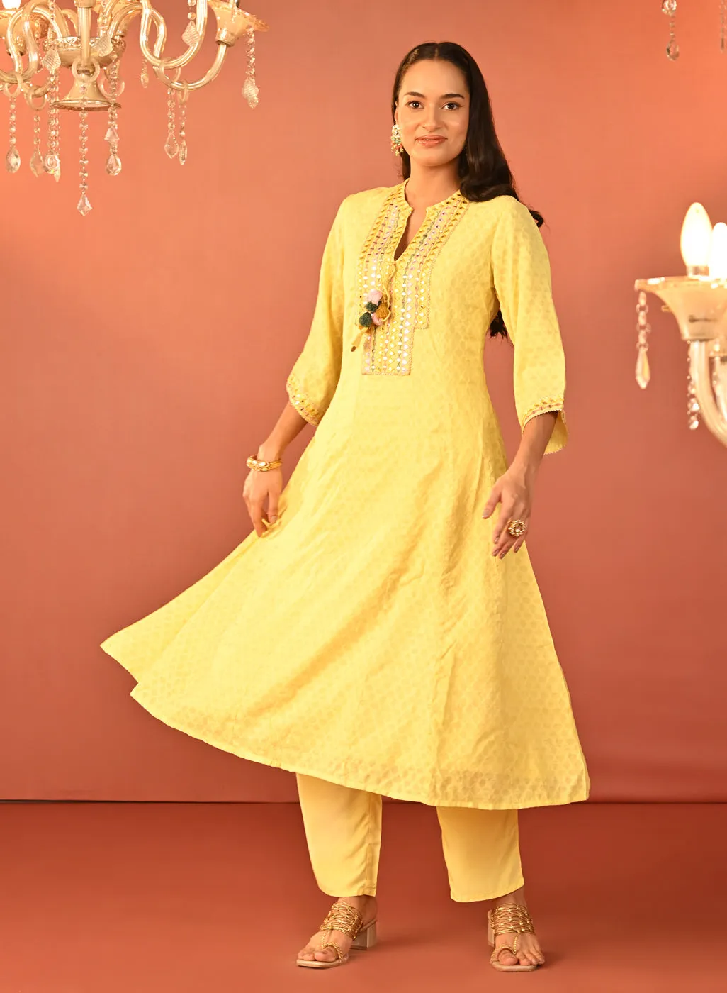 Shanaya Lemon Embroidered Cotton Jacquard Kurta Set for Women