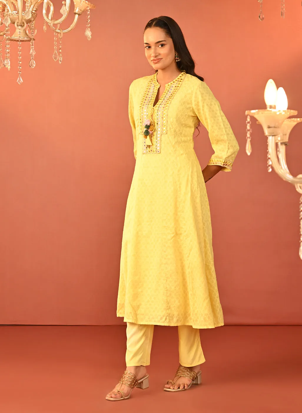 Shanaya Lemon Embroidered Cotton Jacquard Kurta Set for Women